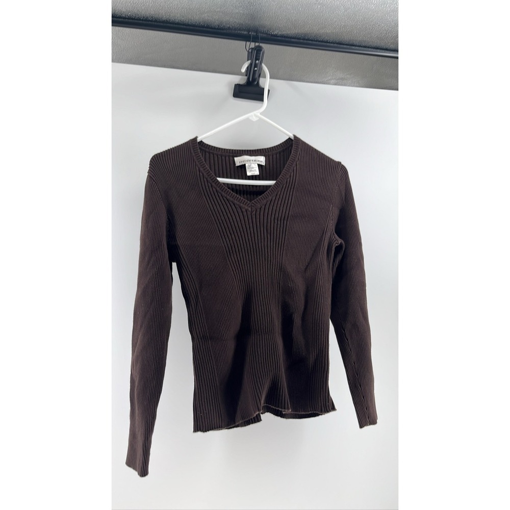 Jones New York Sport Brown Ribbed V-Neck Cotton Sweater Womens Large